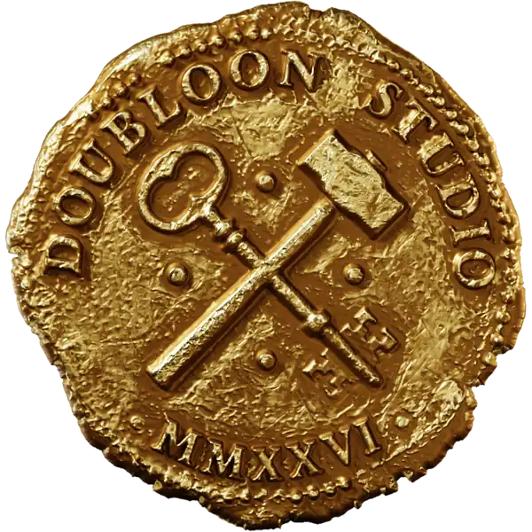 A gold coin seen from above, with a business name set around its edge
